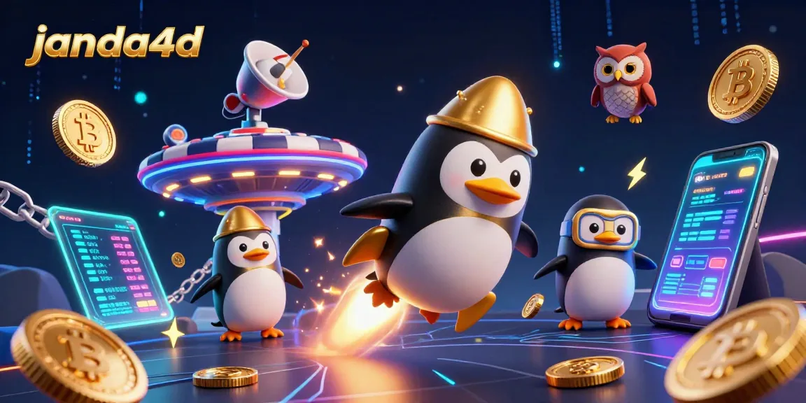 janda4d menghadirkan ilustrasi kasino yang menarik dengan penguin emas yang meluncur di ruang angkasa