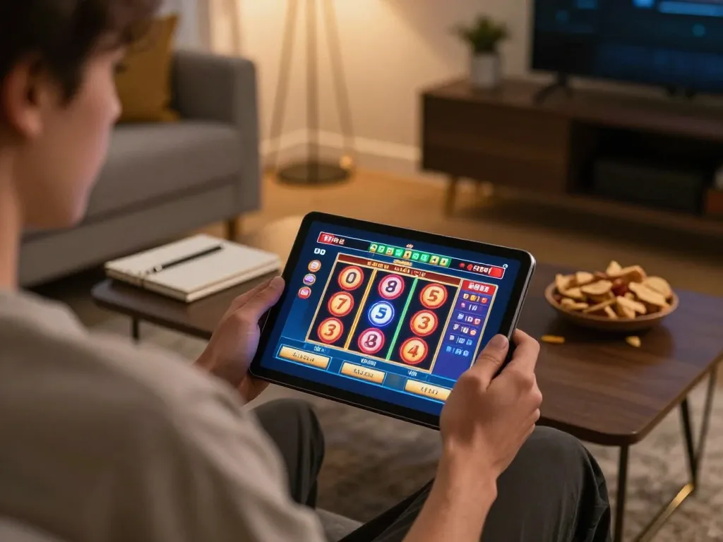 Engaged player utilizing the slot bonus new member 100 di awal on a tablet in cozy home setting.