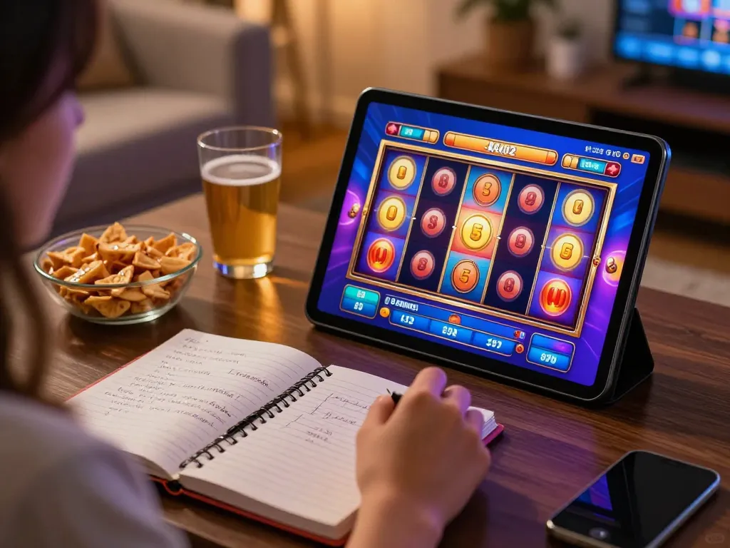 situs slot online player engaging in exciting gameplay on tablet in cozy home setting
