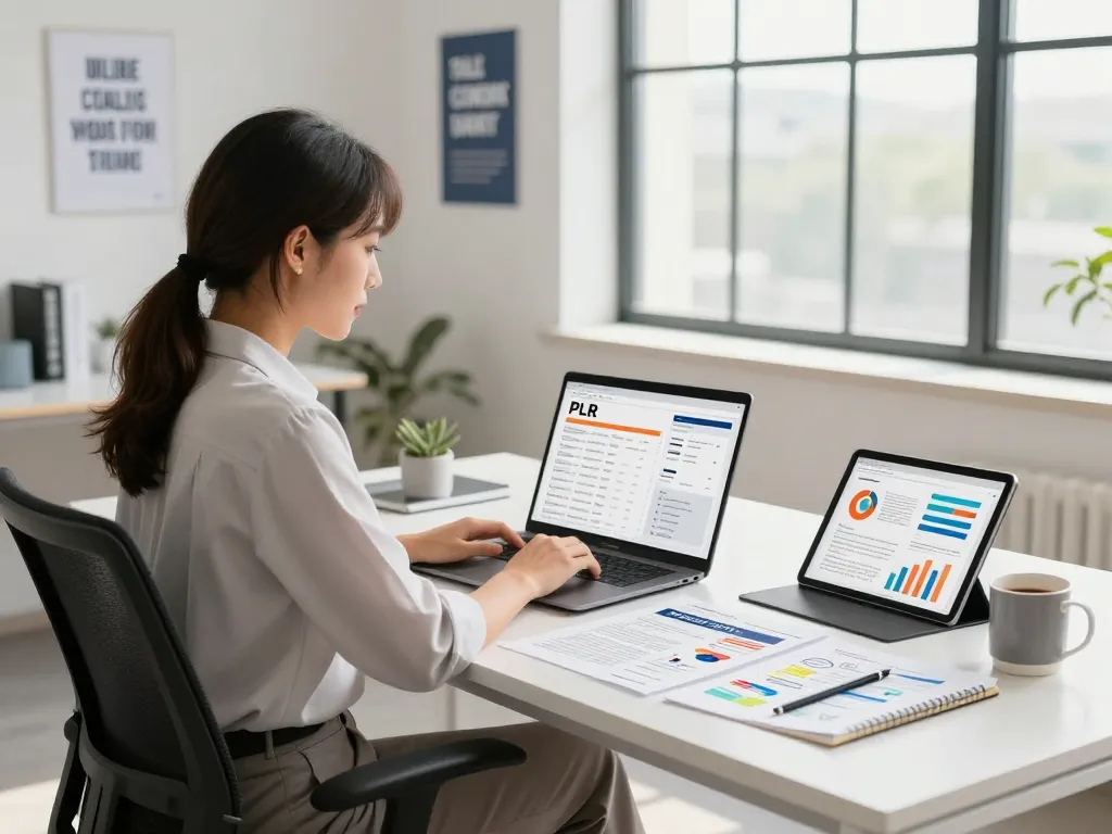Engaged professional reviewing options to purchase PLR content in a bright, inviting office setting.
