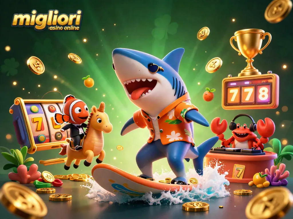 I migliori casino online offrono un'illustrazione vivace di un sottosquali che gioca e vince tra simboli fortunati.
