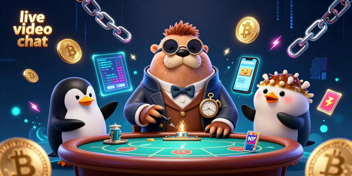 Engage in exciting live video chat while playing poker with a walrus and penguin in a vibrant 3D scene