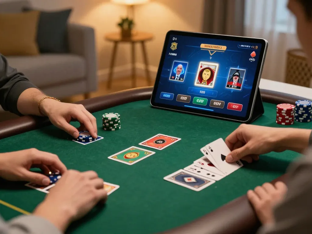 Engaging online poker play with 79KING app on tablet, capturing the thrill of digital gambling