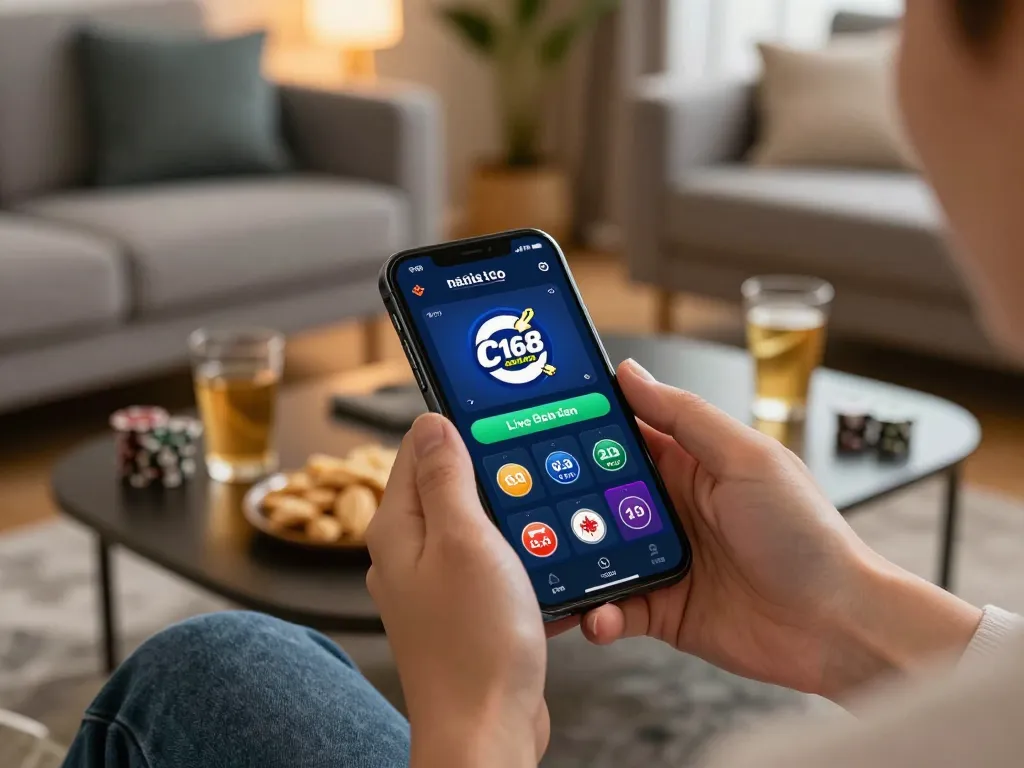 C168 nhà cái app interface being used in a stylish living room for an engaging online betting experience