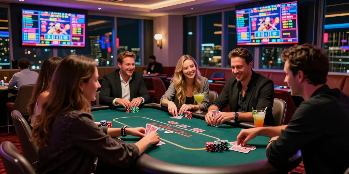 Suasana perjudian modern dengan coloksgp daftar, teman-teman menikmati permainan di meja poker.