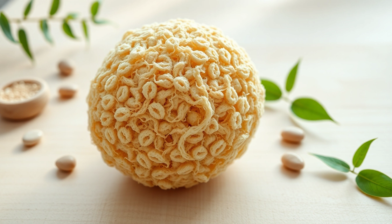 Applying raw loofah sponge on skin reveals its natural texture and exfoliating properties.