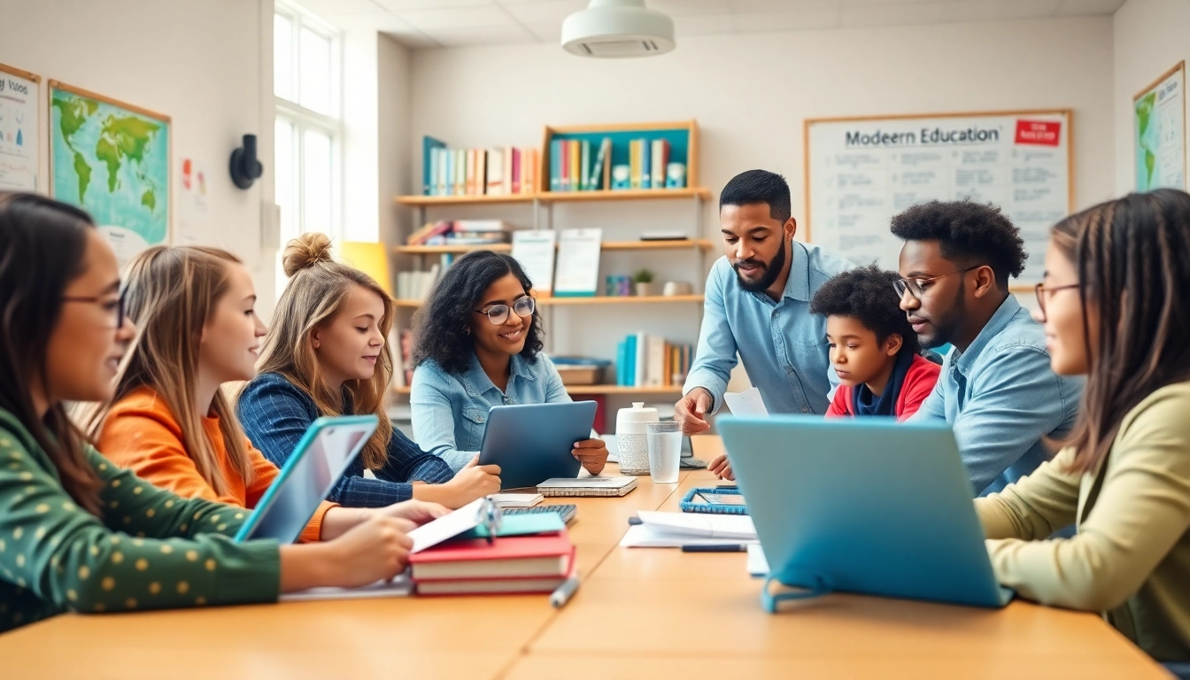 Engaging students in a modern education classroom, highlighting collaborative learning and technology.