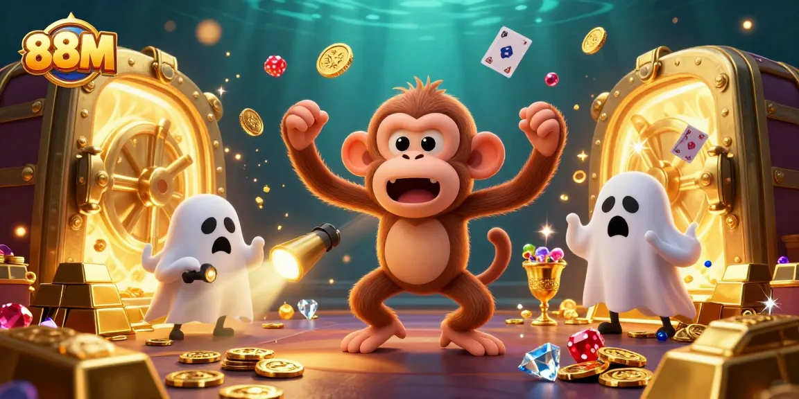 Experience thrilling wins at 88M casino as a playful ghost juggles gold treasures in a dynamic slot scene.