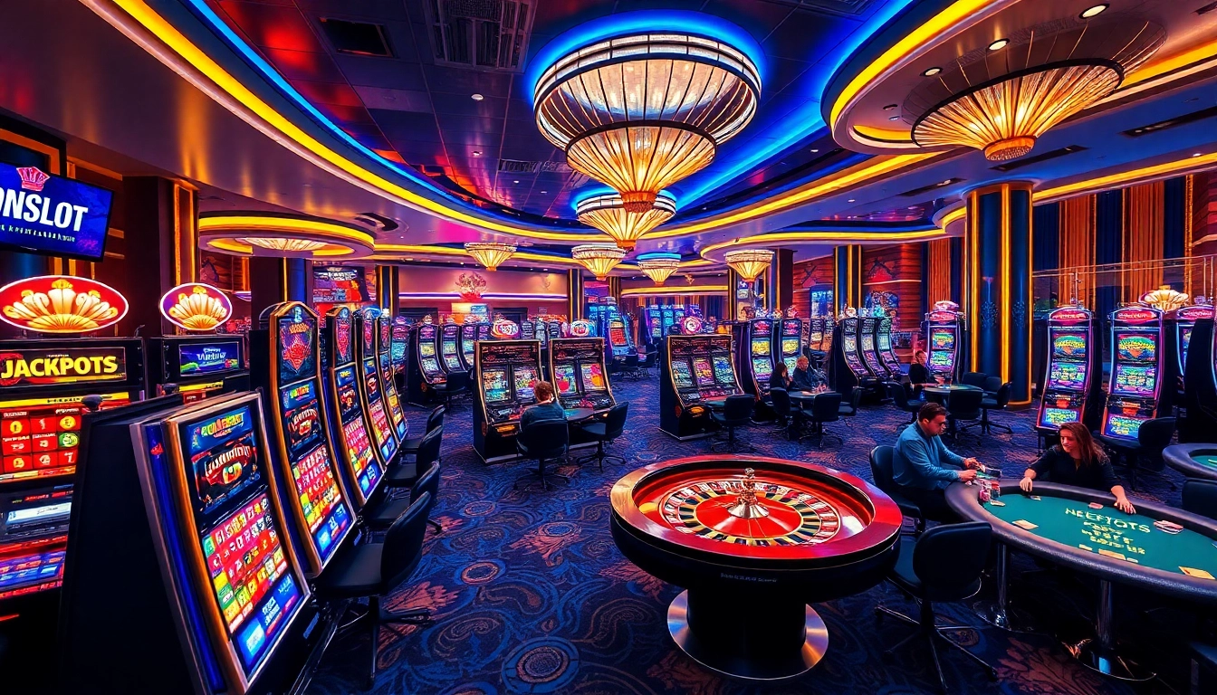 Players enjoying slot games at an idnslot gaming table in a luxurious casino with vibrant lights.