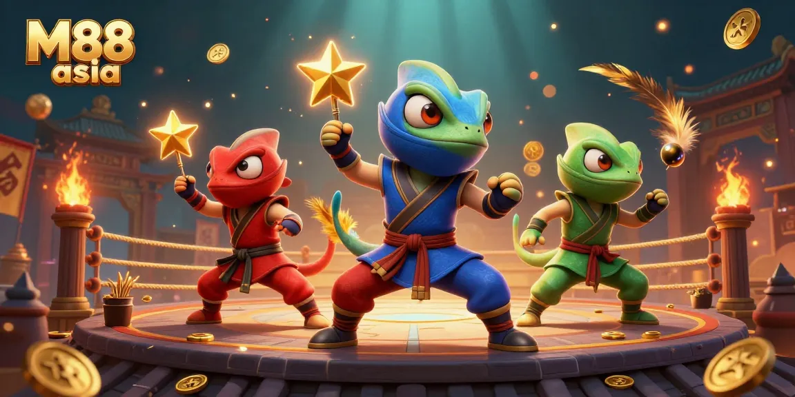 M88 asia showcases a dynamic scene with ninja chameleons performing martial arts in a rich casino-themed illustration.