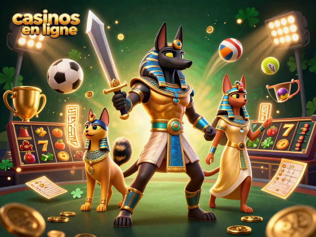 Jouez dans les meilleurs casinos en ligne avec Anubis et Bastet entourés de jeux de casino et de jetons.