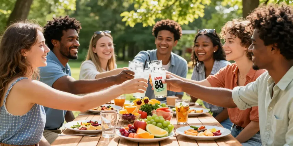 Enjoying ROKOK88 Soda Fresh with friends during a sunny picnic, perfect for summer refreshments.