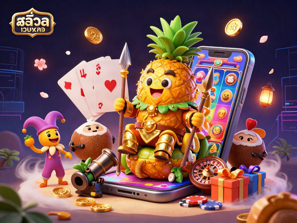 Experience the excitement of สล็อตเว็บตรง with joyful characters and vibrant casino elements in this dynamic illustration.