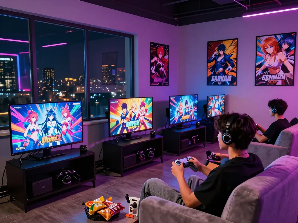 Engaged gamer enjoying a hentai game in a vibrant gaming environment.
