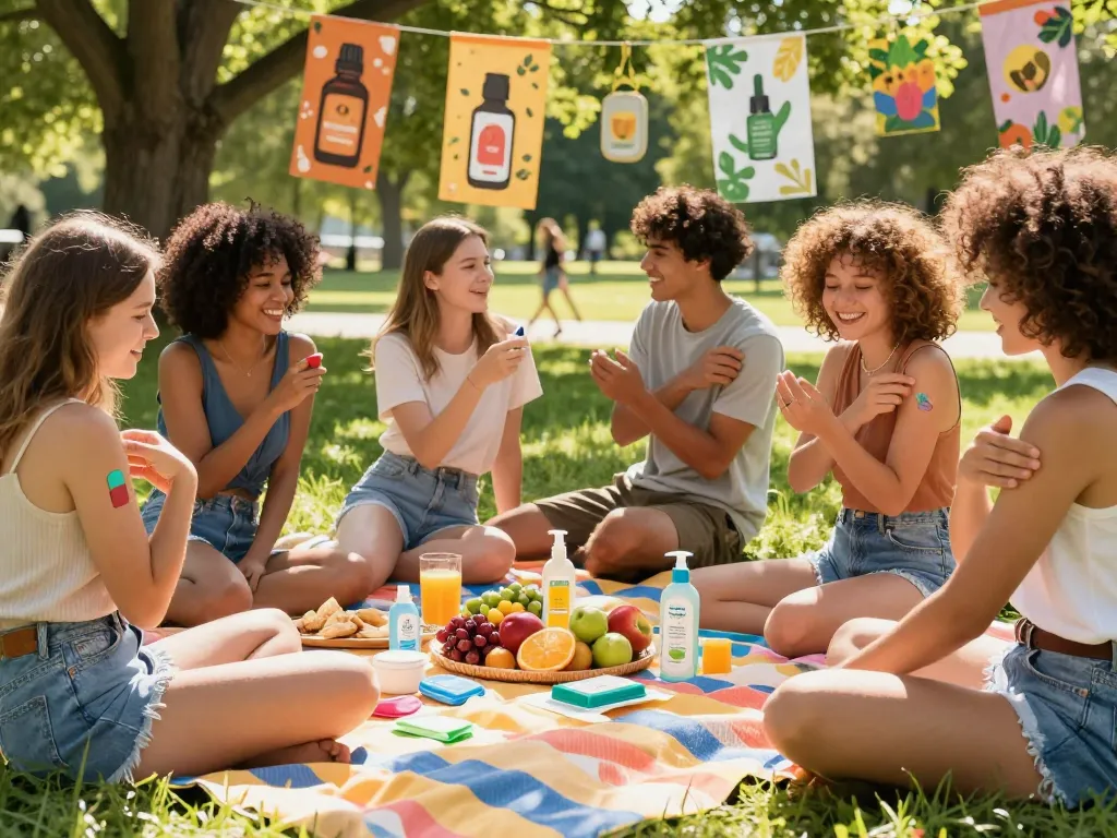 Group of friends applying mosquito repellent while enjoying a summer picnic outdoors in a sunny park, showcasing various repellent types.