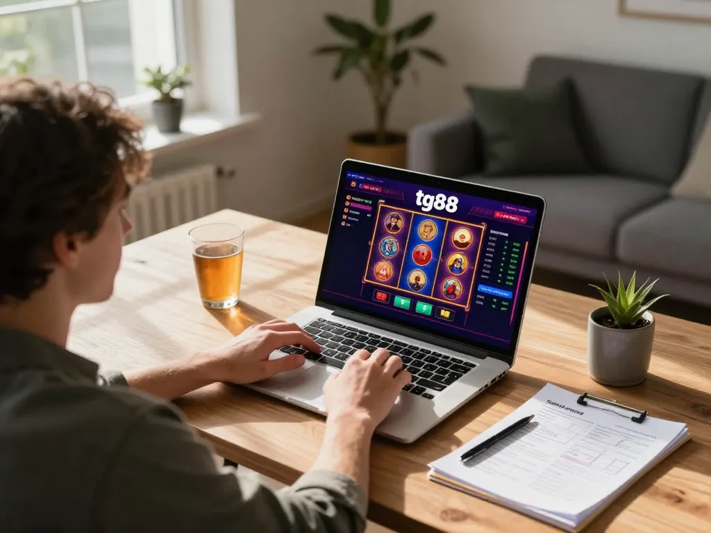 Engaged player experiencing tg88 online casino with slot games.