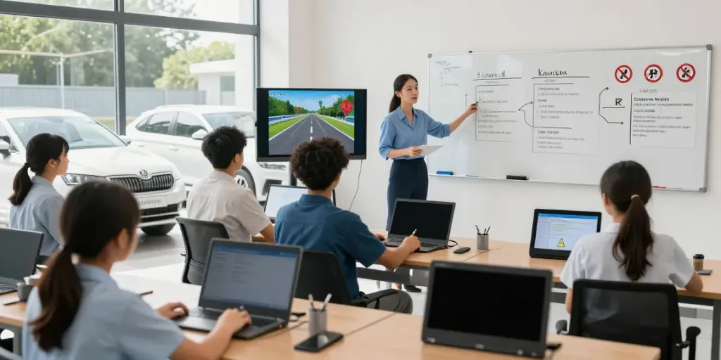 Școala de conducere cu elevi care învață teoria pe tablete, instructor cu experiență și mașini Skoda afară.