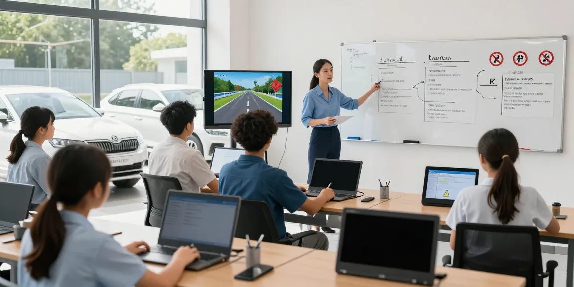 Școala de conducere cu elevi care învață teoria pe tablete, instructor cu experiență și mașini Skoda afară.