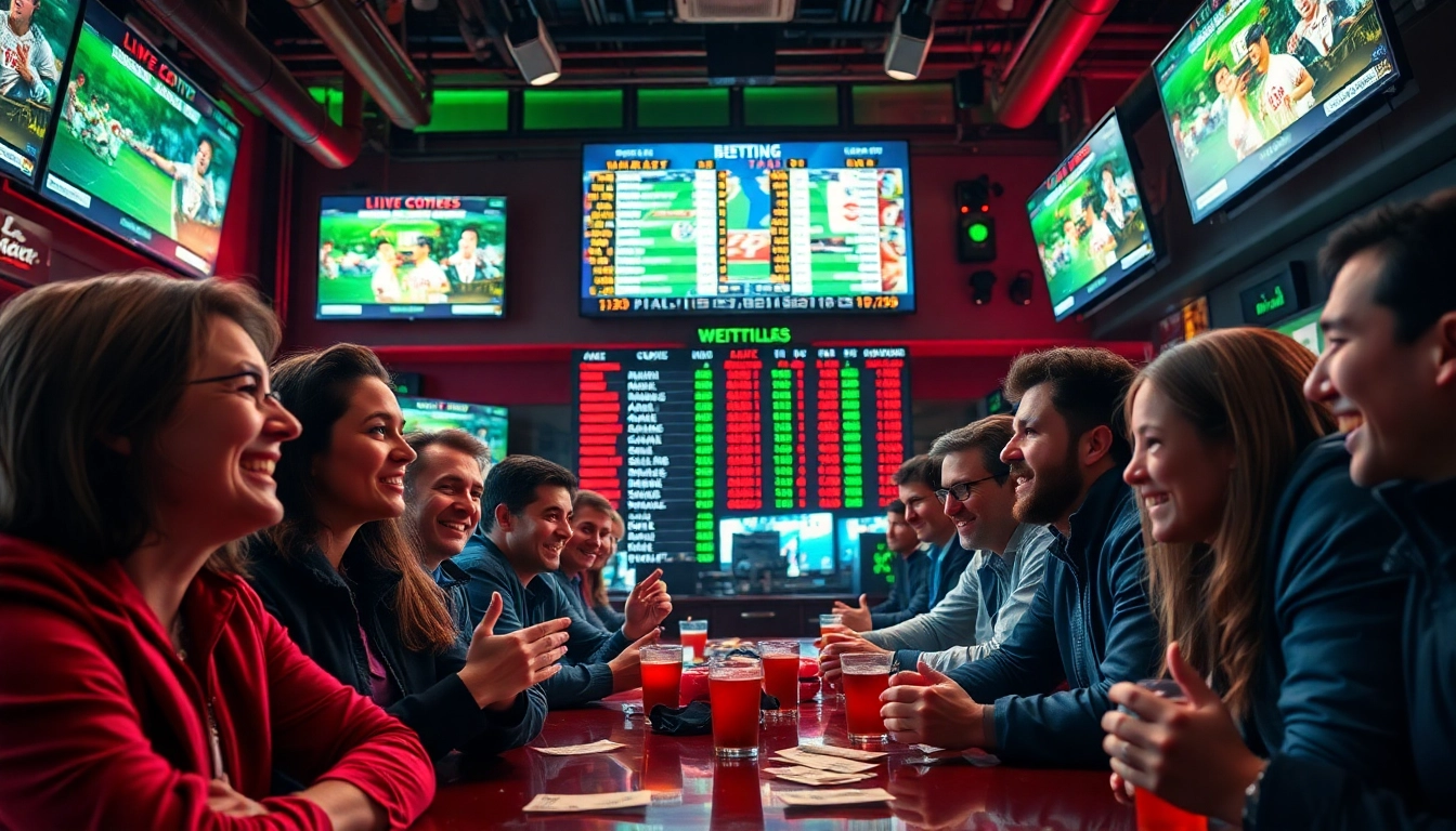 Engaged group of bettors enjoying the best sportsbooks in Mexico at a vibrant betting scene with live sports.