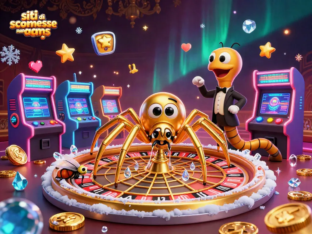 Scommetti nei migliori siti di scommesse non AAMS con un'illustrazione di un ragno d'oro e un croupier centopiedi.