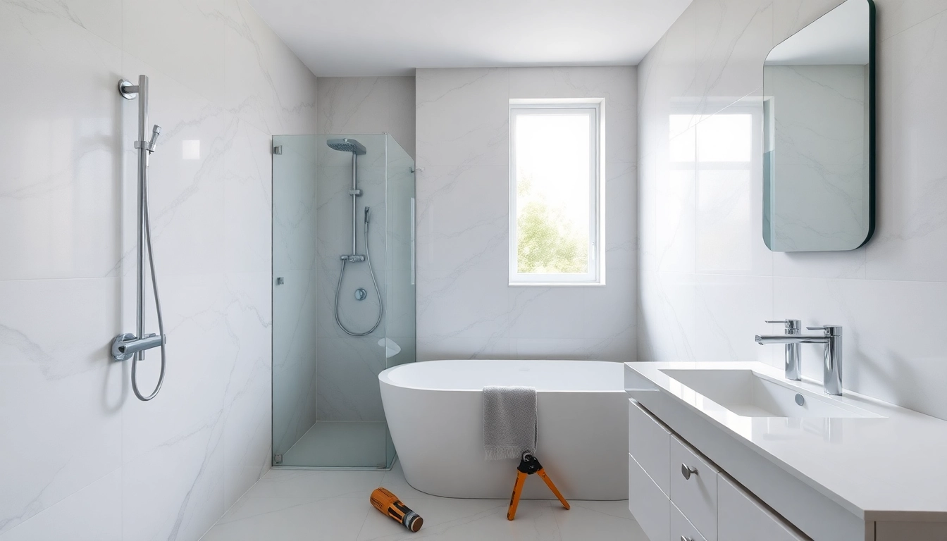 Bathroom builders expertly transforming a modern bathroom with elegant fixtures.