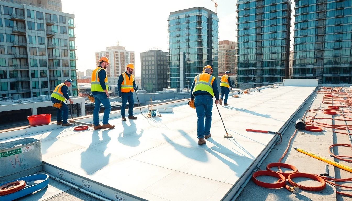 Promote commercial roofing services with a professional team on a flat roof installation in an urban environment.