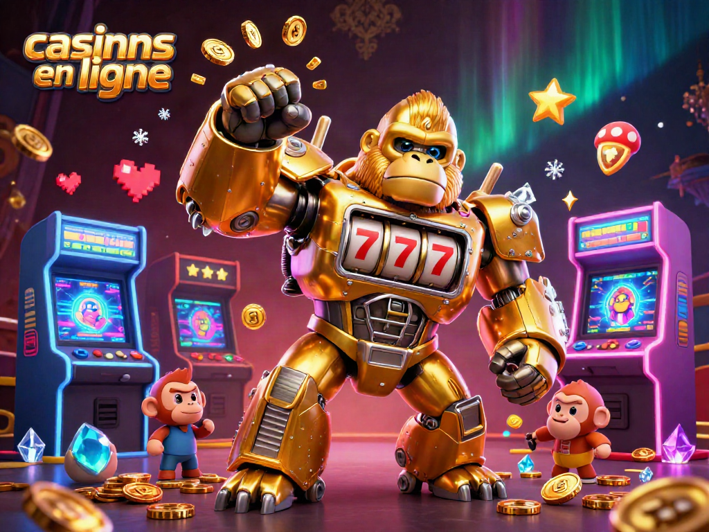 Jeu immersif dans les casinos en ligne avec un gorille en or, des machines à sous et des éclats de pièces.