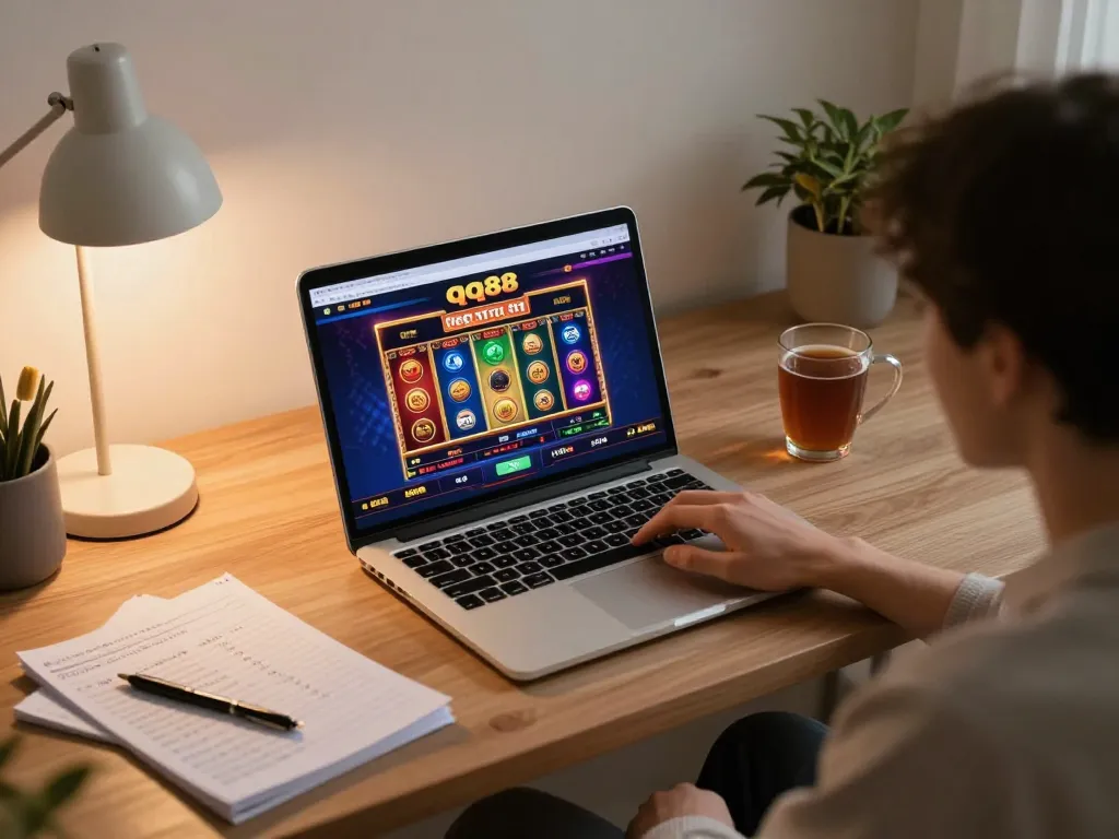 Player engaging in strategic online gaming at qq88, showcasing vibrant casino interface and cozy setting.