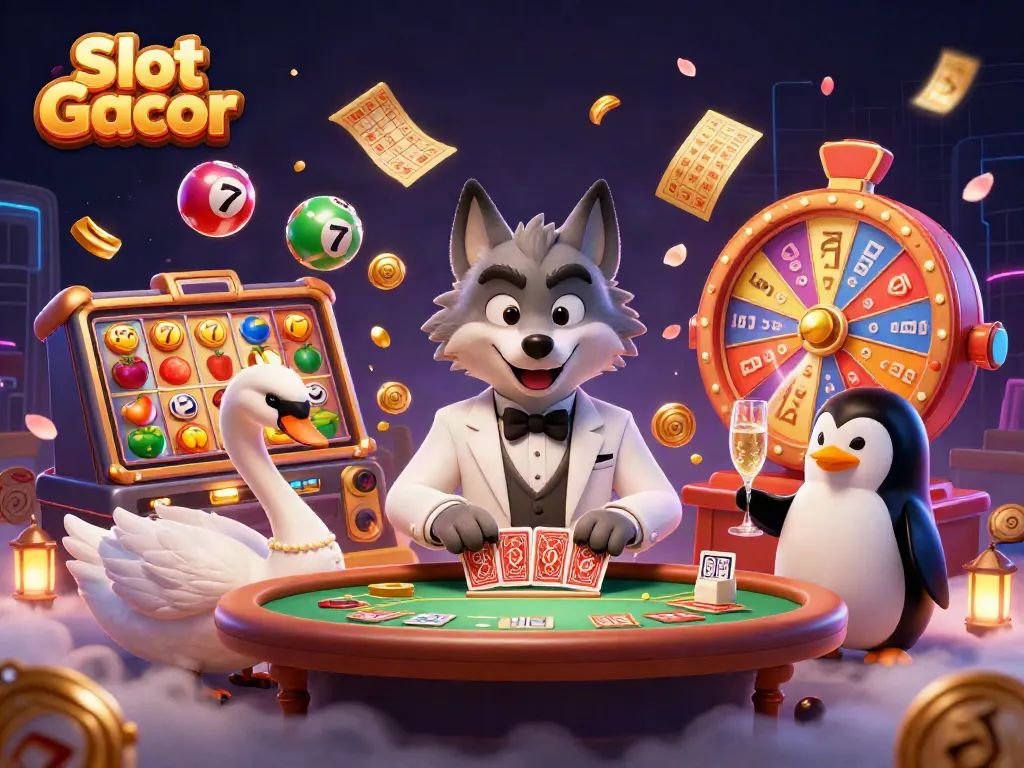 Slot Gacor menampilkan serigala bergaya, angsa, dan penguin sambil berjudi di kasino.
