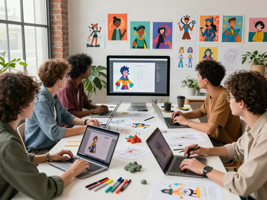 AI character sheet generator in a collaborative art studio with artists sketching and designing characters.