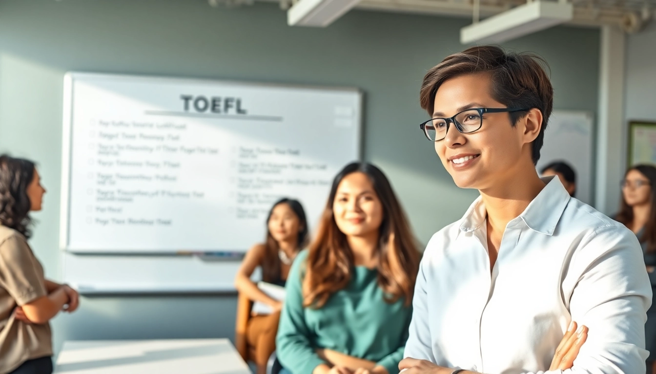 Students receiving toefl expert help from a professional tutor in a bright classroom.