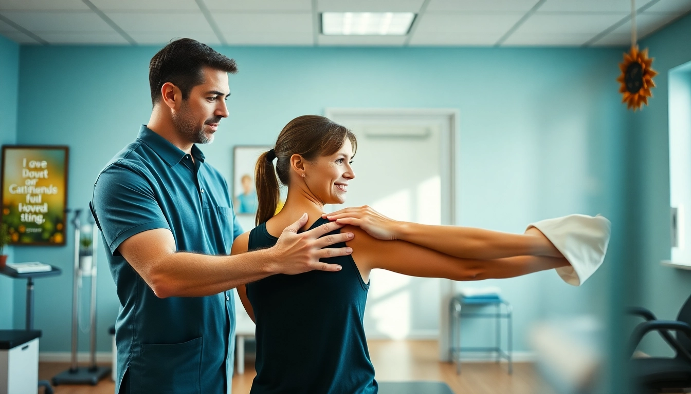 Seventeen Physio's expert treats a client in a modern therapy room, showcasing a shoulder exercise.