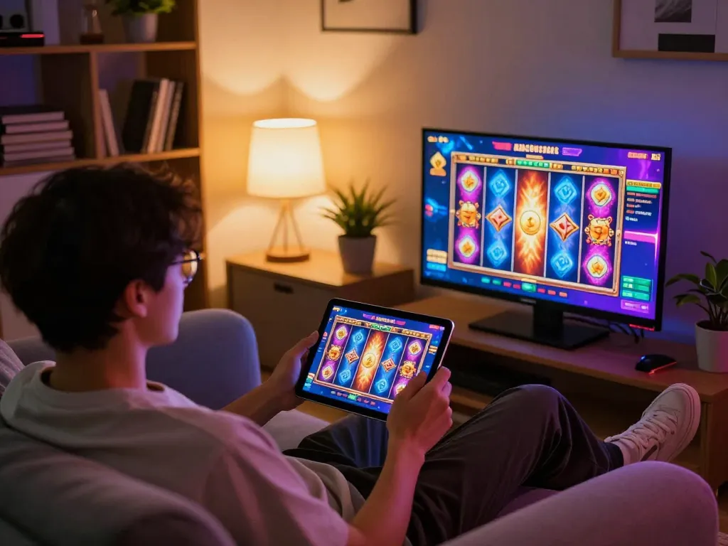 Engaging in สล็อตทดลอง on a tablet while relaxing at home, showcasing vibrant graphics and responsible gaming.