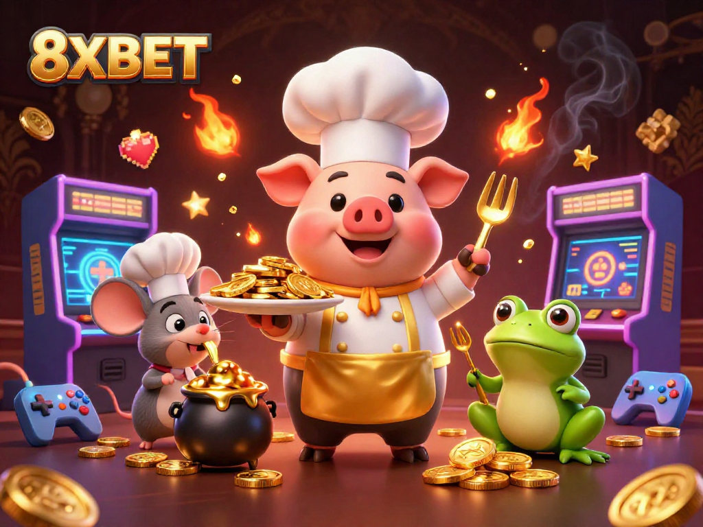 8XBET chef pig serves gold coins in a vibrant casino scene with 3D arcade machines.