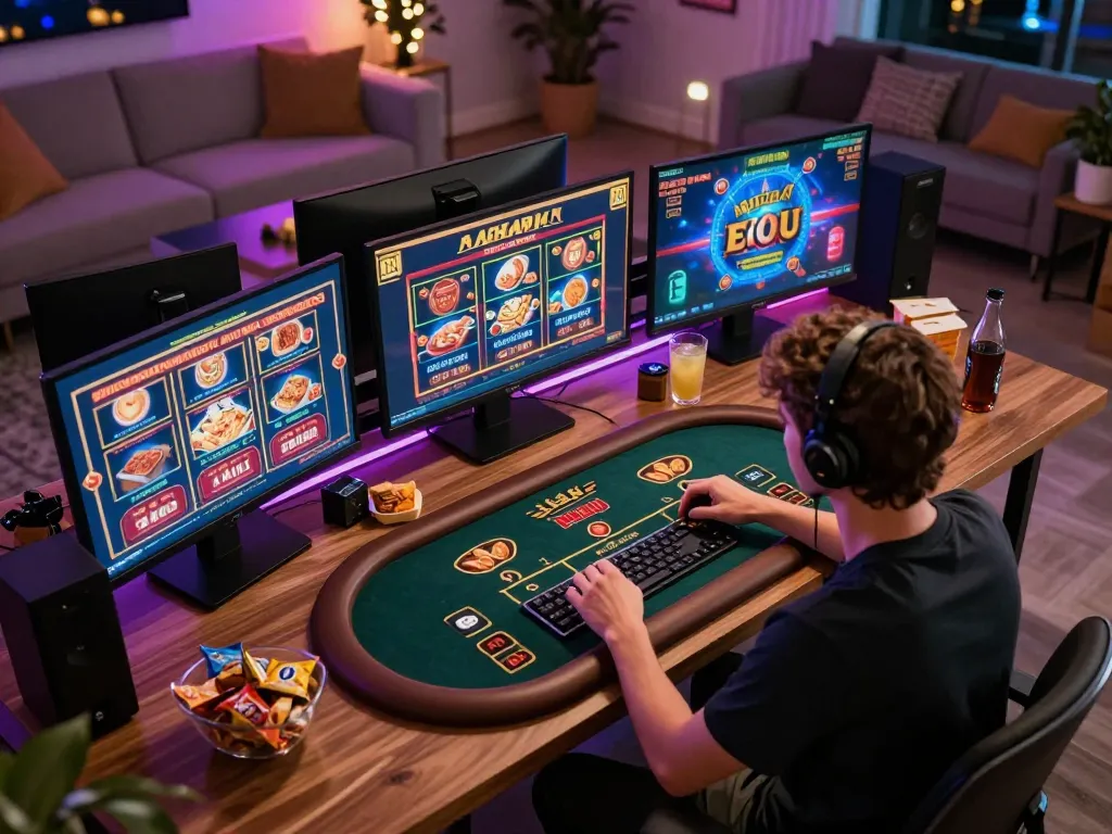 Engaged player strategizing in an online sc88 gaming setup with multiple screens.