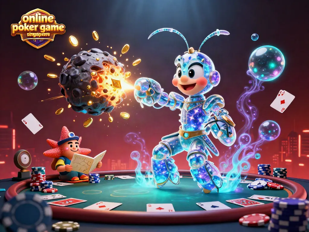 Experience the online poker game Singapore with vibrant scenes of a colorful cosmic poker showdown.