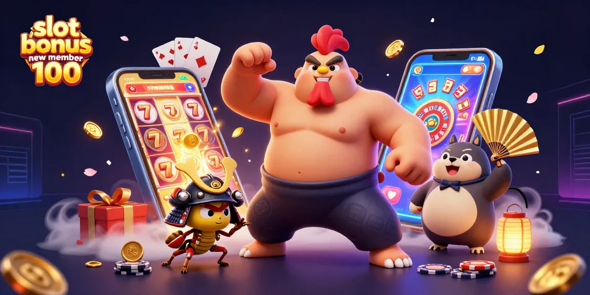 Experience the excitement of slot bonus new member 100 with a dynamic 3D casino illustration.