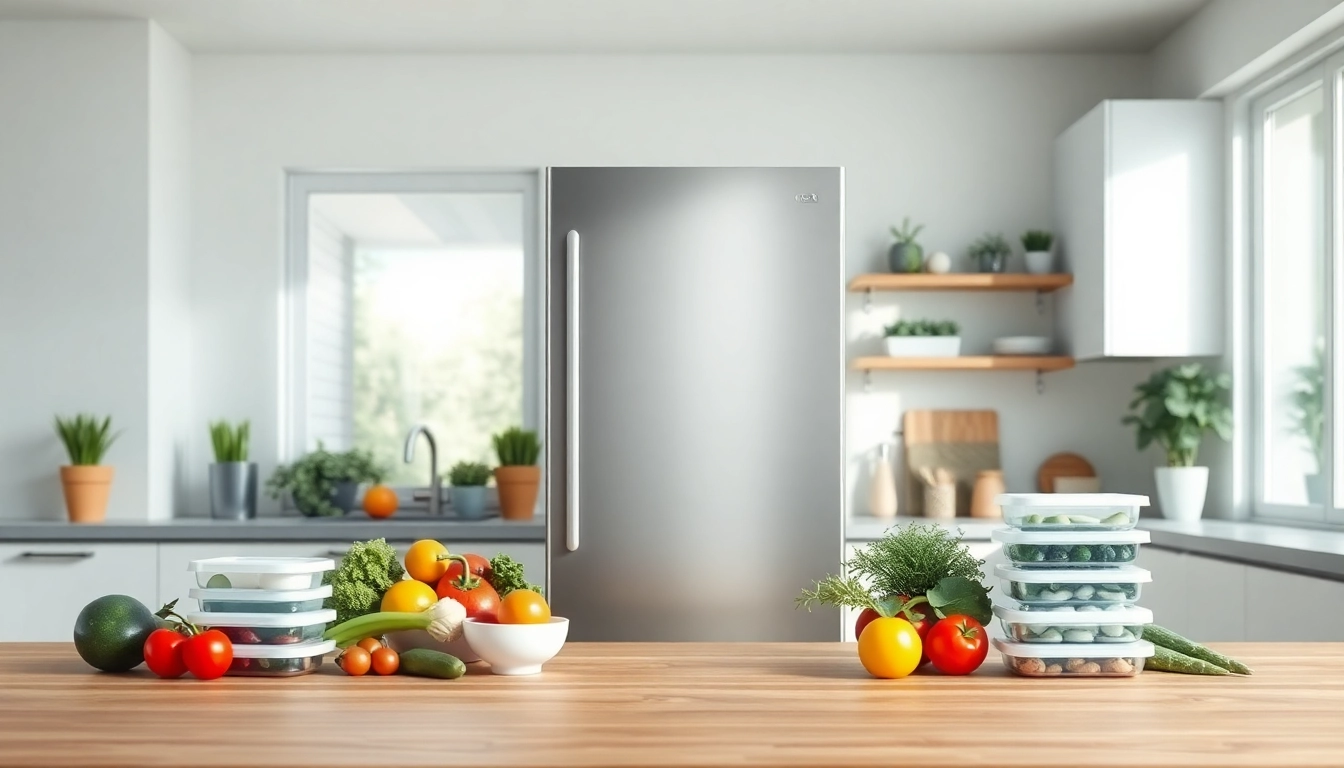 Efficient kitchen showcasing a stylish Freezer with vibrant, fresh produce, emphasizing culinary readiness.