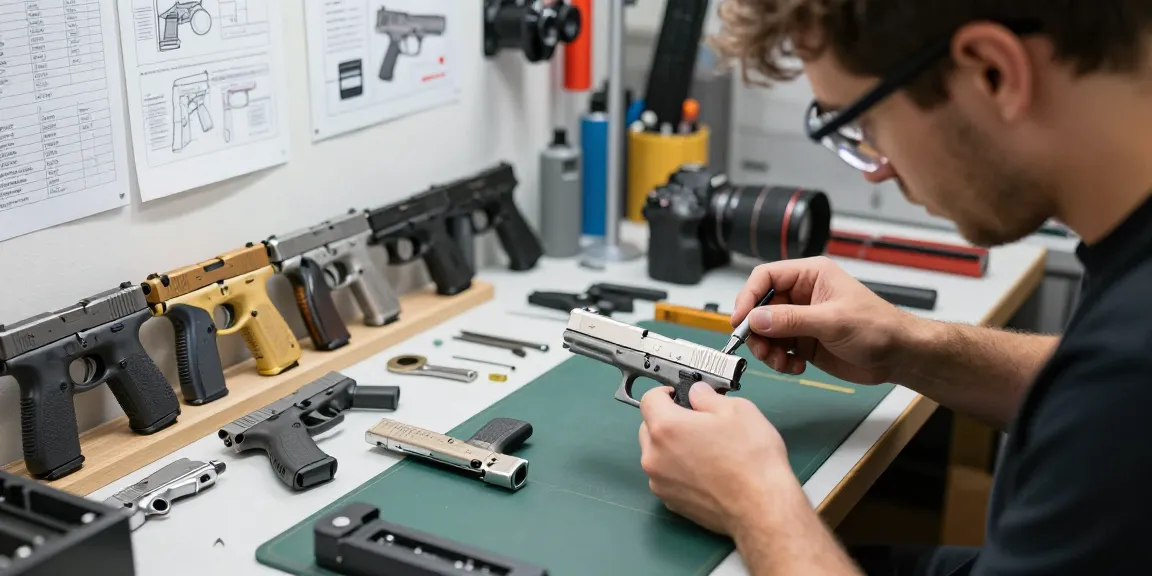 Gunsmith customizing precision Glock slides at https://precisionglockslides.com workspace, showcasing tools and aftermarket parts.