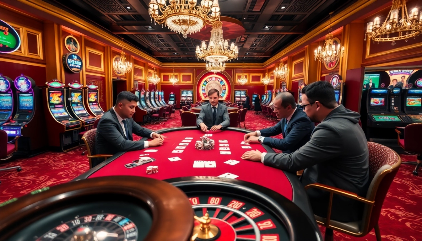 Participez à des actions à enjeux élevés au casino en ligne 2026 avec des joueurs à une table de poker au milieu de machines à sous éblouissantes.