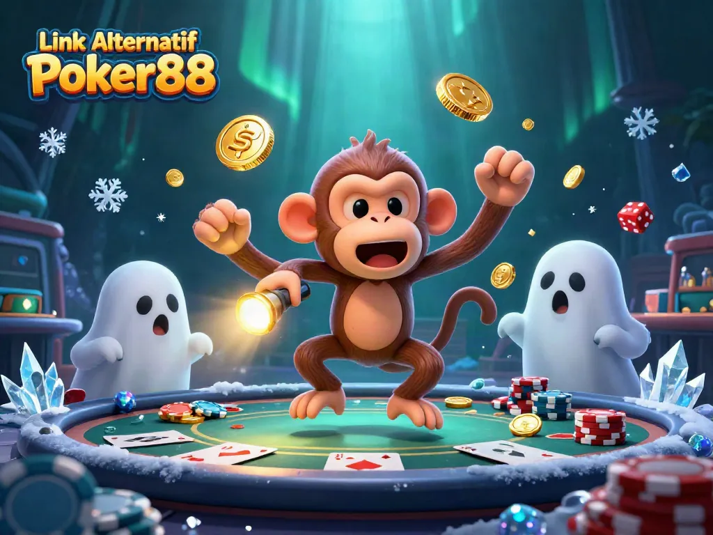 Link Alternatif Poker88 illustrated dynamically with poker-themed elements in a haunted casino setting.