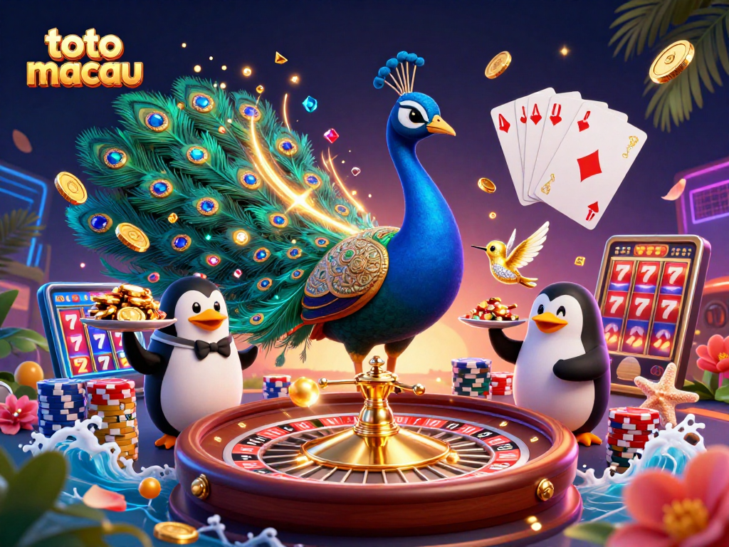 Experience the excitement of toto macau with a vibrant casino scene featuring a peacock, penguin, and hummingbird.