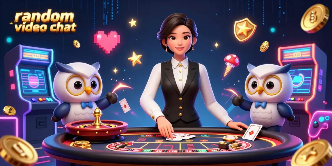 Engage in random video chat with vibrant casino elements featuring dealers and games.