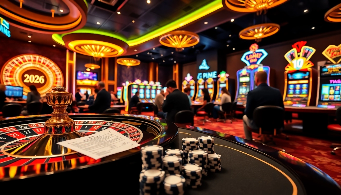 Une scène de jeu en ligne palpitante pour casino en ligne 2026 avec des tables de poker, de la roulette et des lumières vives.