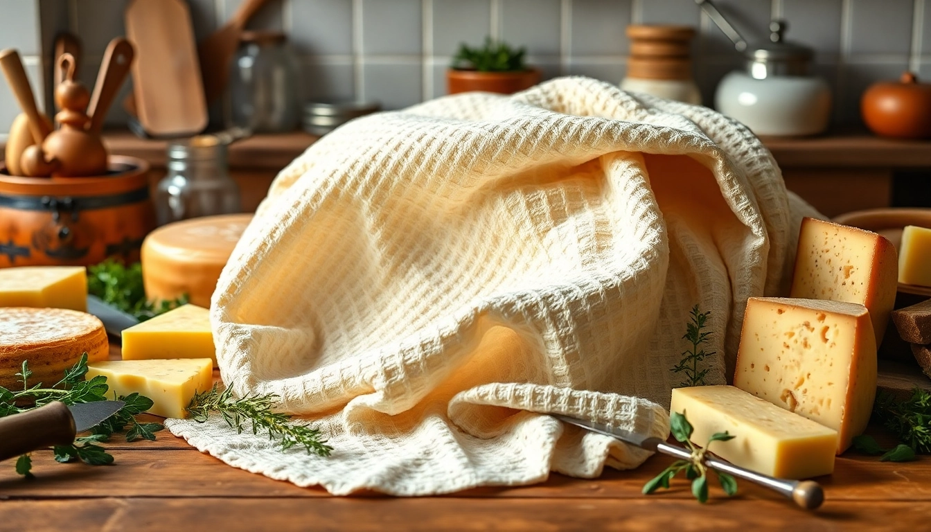 Kaasdoek streept elegant over een houten tafel met artisinale kazen en verse kruiden.