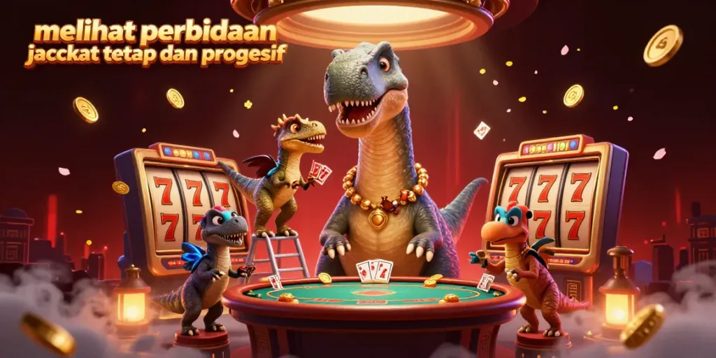 Ilustrasi perjudian menunjukkan melihat perbedaan jackpot tetap dan progresif serta dua karakter unik di kasino