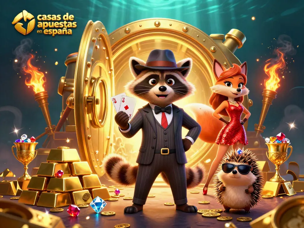 Ilustración de casinos con casas de apuestas en España, personajes de juego y tesoros brillantes.