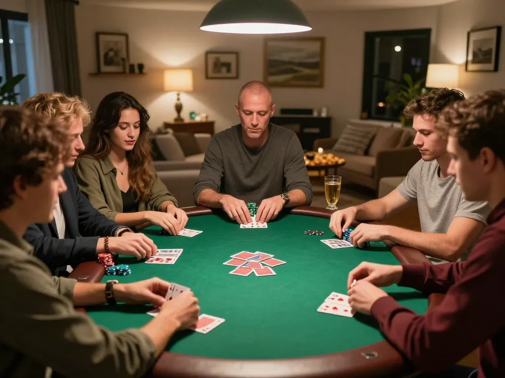 Friends enjoying poker night with jmb88-themed chips and cards in a cozy home.