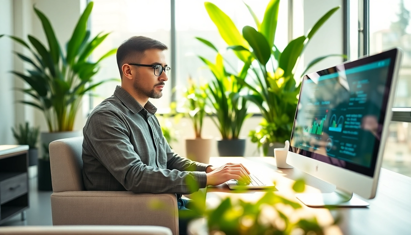 CYB Environmental engineer working in a modern, eco-friendly office setting.