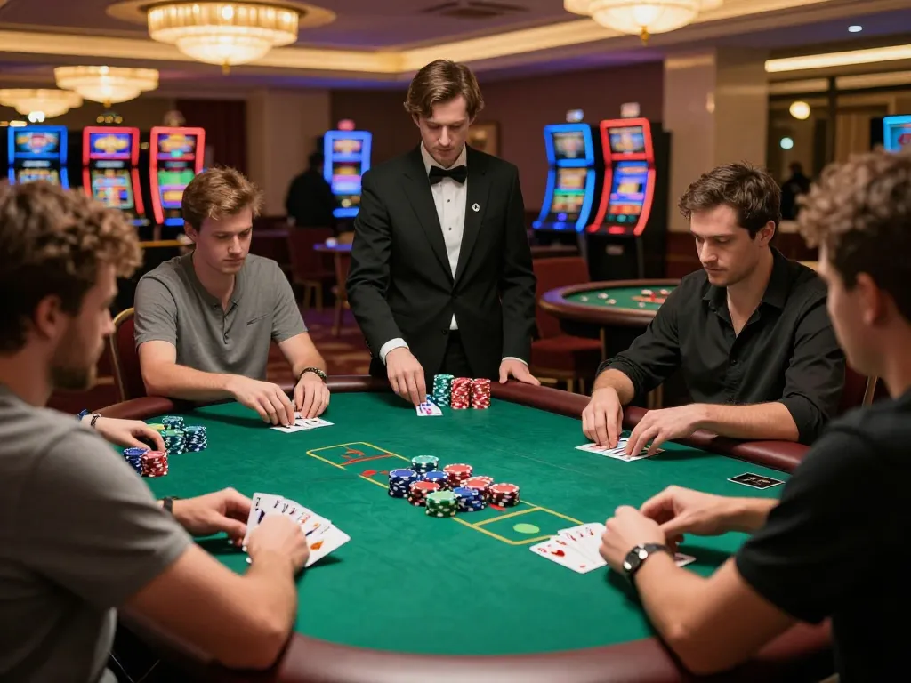 Players strategizing at the poker table in the vibrant 123b casino, showcasing expert gameplay.